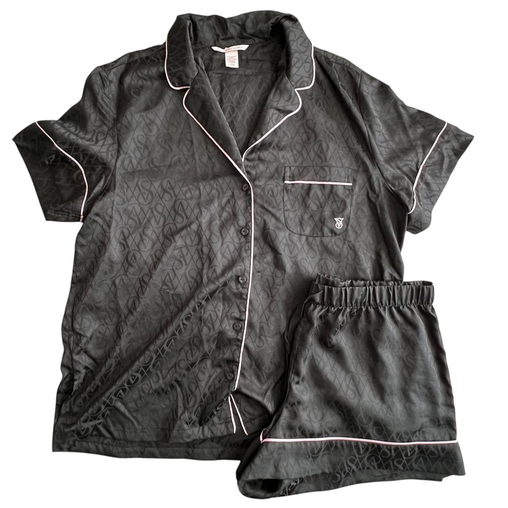 Victoria’s Secret Silky Pajama Set Shorts Medium Black Pink Piping
